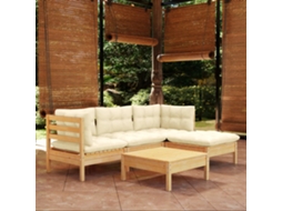Vidaxl 5 Pcs Conjunto Lounge Jardim C/ Almofadões Cor Creme Pinho