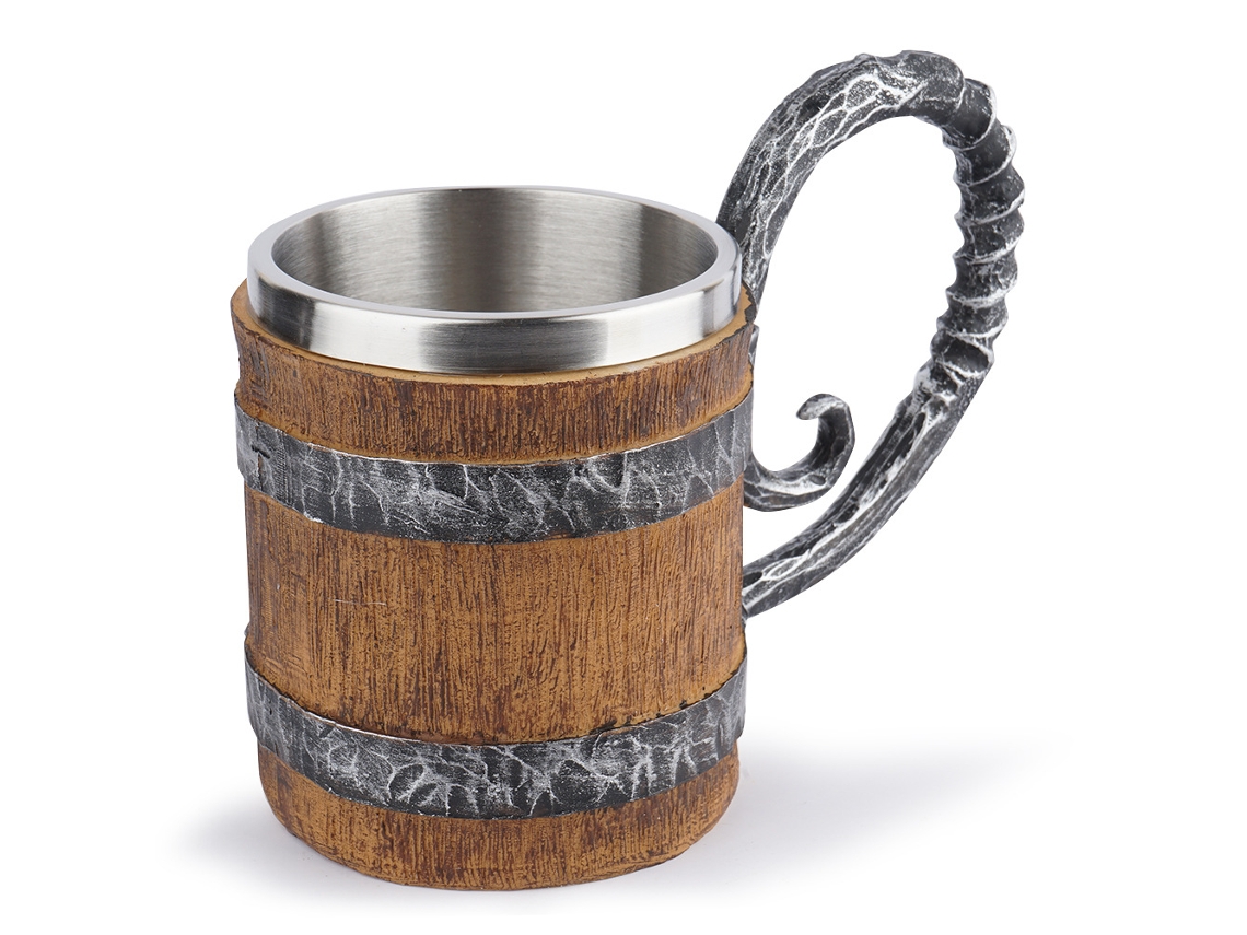 Caneca de Cerveja em Barril de Carvalho, Aço Inoxidável, Alça Imitando Ferro, Pessoal AQUAFORGE