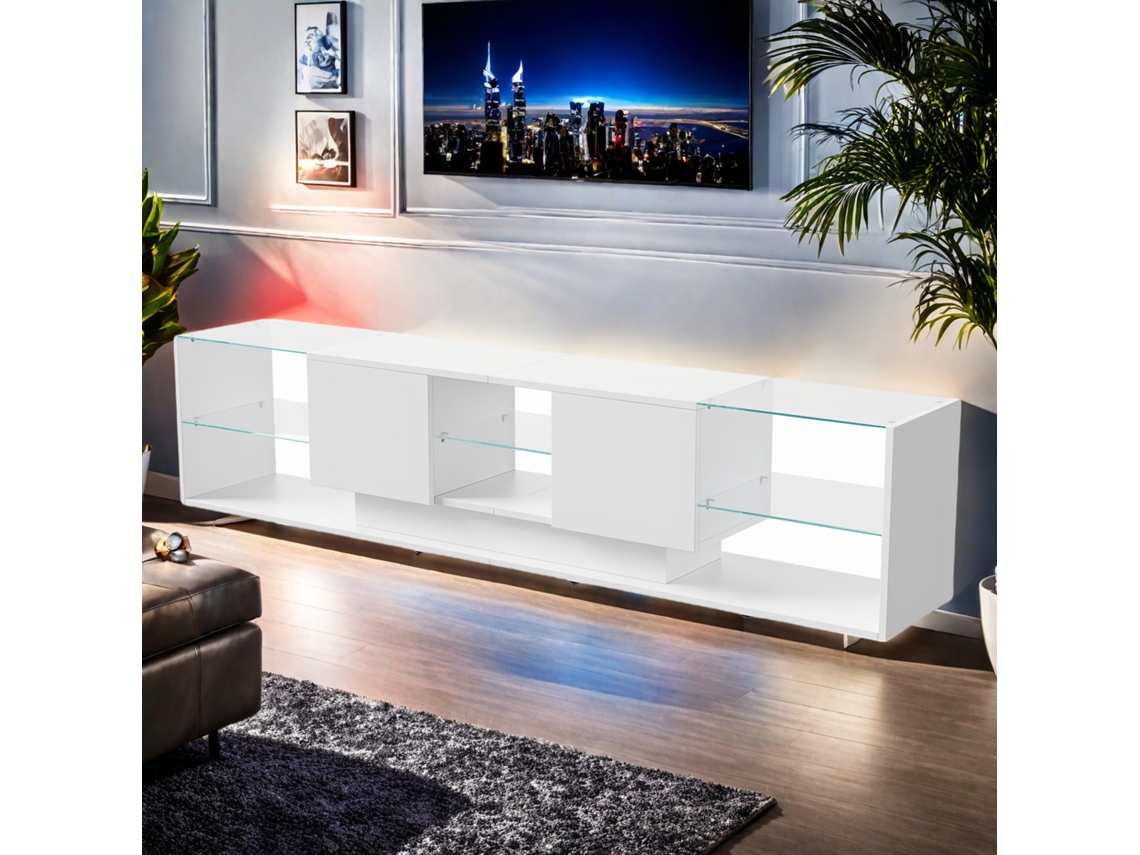 Móvel TV Branco 200 cm com LED, 2 Portas e 6 Compartimentos Abertos, Armazenamento Prático e Design Moderno para Sala de Estar