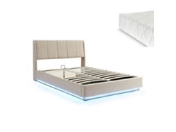 Cama Estofada Tröstiar Led Com Base De Ripas Dobrável Colchão 140x200cm Bege [EN.CASA]