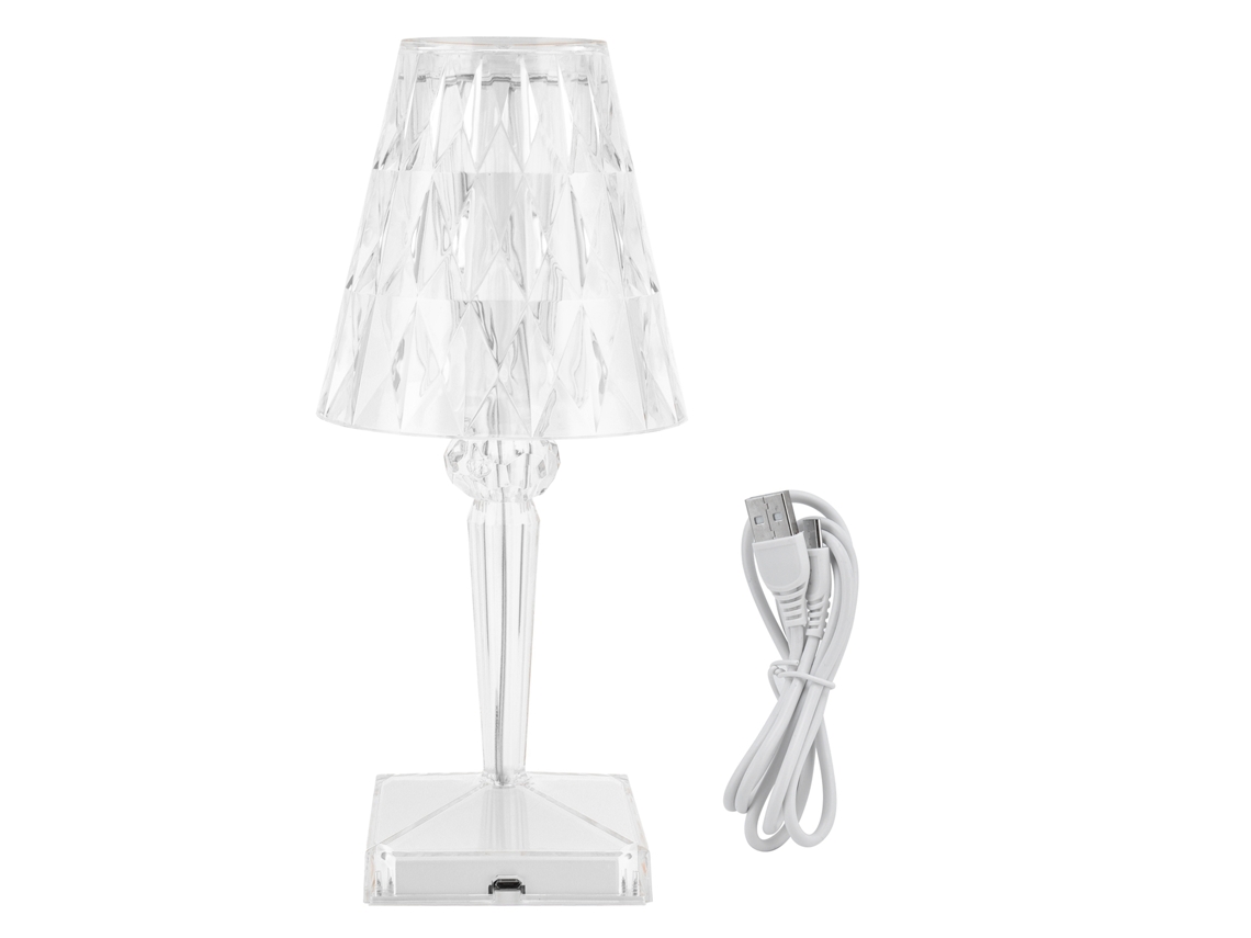 Lâmpada de Mesa de Cristal Prisma, Transparente, Ajustável, USB, Iluminação Interior