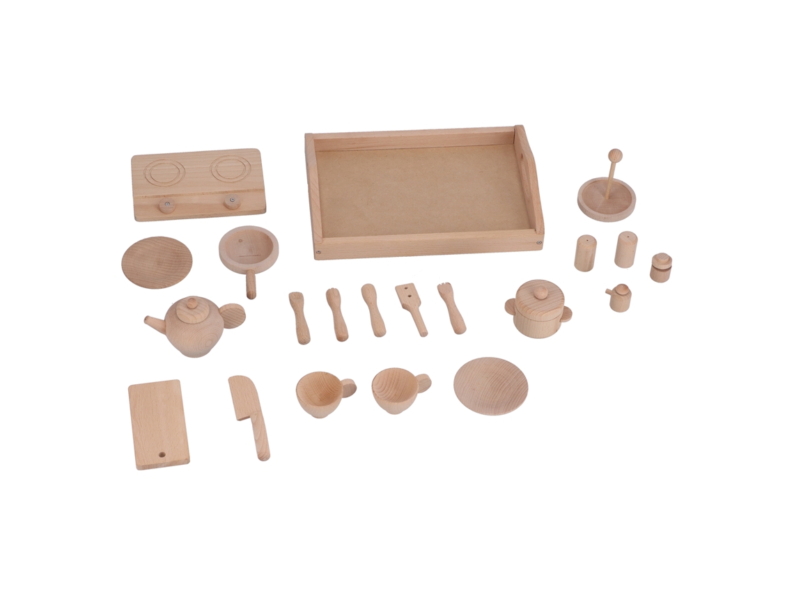Mali conjunto de Brinquedo de Cozinha Infantil em Madeira com Chaleira Mini e Utensílios Simulados