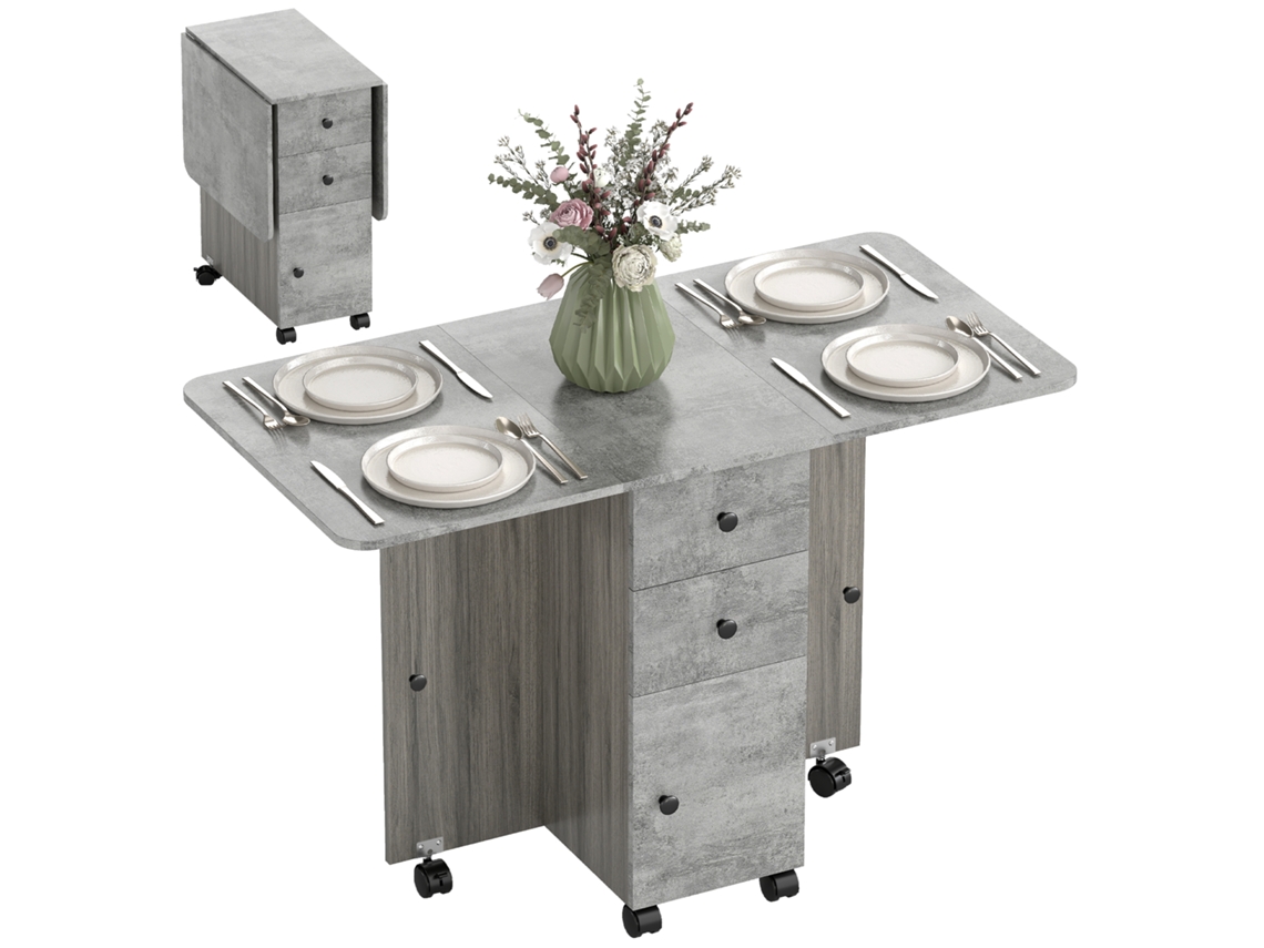 Mesa de Jantar Dobrável com Rodas, Asas Dobráveis, 2 Gavetas e Guarda roupa Até 6 Pessoas, 120x60x76,5 Cm Cinza Ge