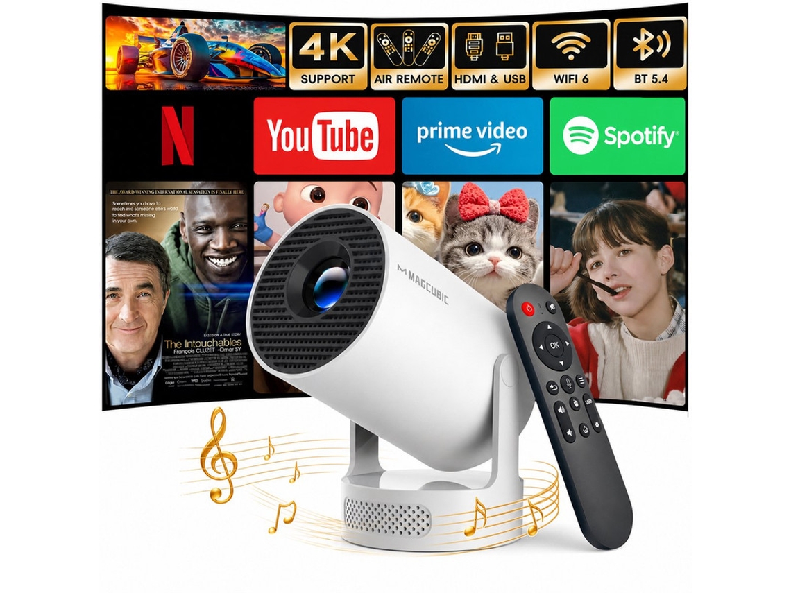 Projetor Portátil 4k Smart Mini Projetors,wi-fi 6 Bluetooth 5.4, Rotação 180°, Altifalante 5w, Comando Por Voz, Cinema Em Casa Magcubic Hy300 Pro+
