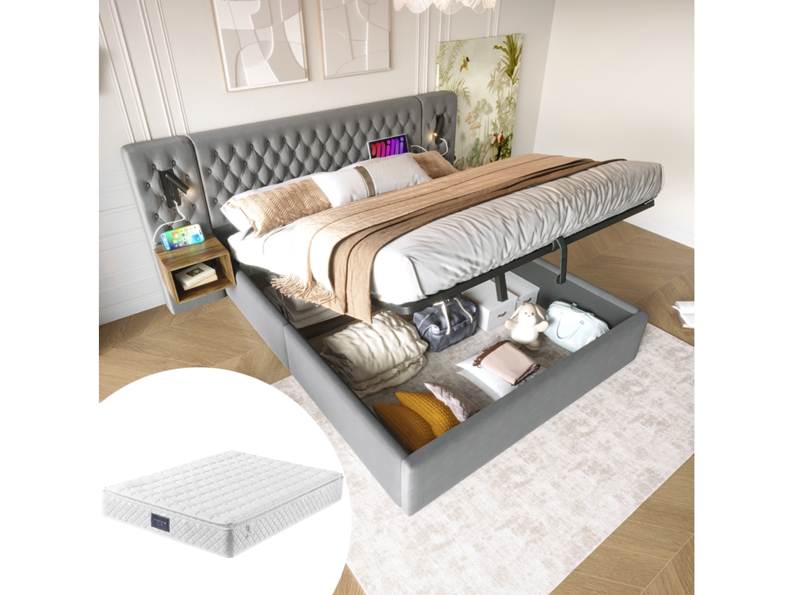 Conjunto Quarto Cama Hidráulica 160x200 Cm Mesas Noite Luz Usb Cinza