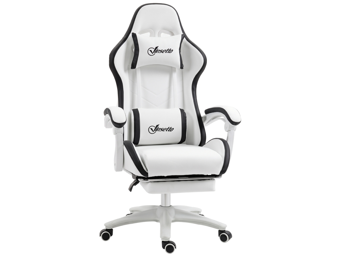 Cadeira Gaming De Couro Pu Com Altura Ajustável Reclinável 135° E Apoio Para Os Pés Retrátil 65x65x121-129 Cm Branco E Preto