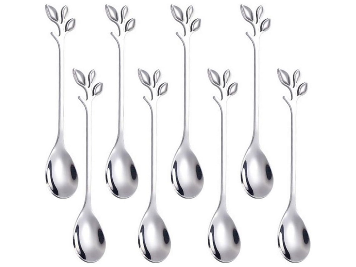 Conjunto de 8 colheres de café Linjou 2026, em aço inoxidável, com formato de folha de prata, ideais para café e sobremesas.