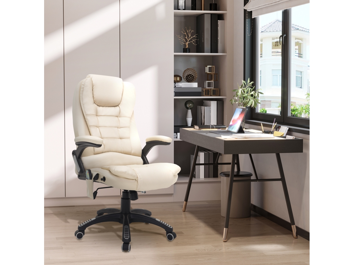 Office Chair With Massage Function, Heat Function, Height Adjustable, Tilt Function, Massage Office Chair, Cream White + Black