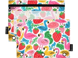 Pasta Com Fecho De Flamingo Rosa Morango E Estojo Transparente Lápis Em Várias Cores, Fichário De 3 Argolas