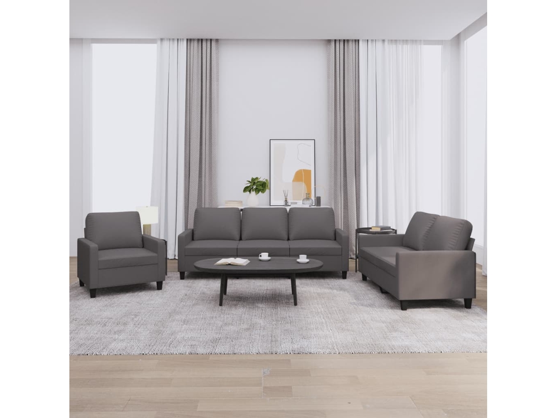 Vidaxl 3 Pcs Conjunto De Sofás C/ Almofadões Couro Artificial Cinzento
