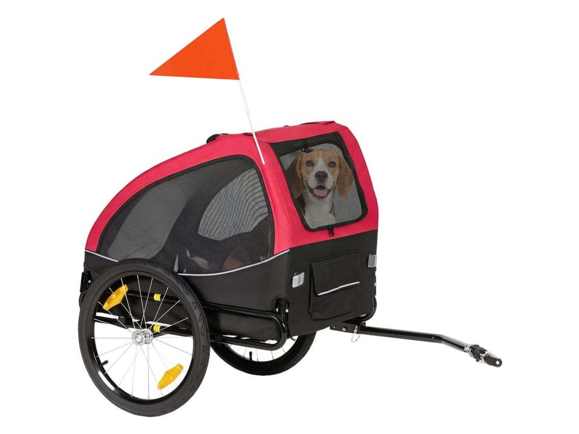 Trailer para Cães Dobrável com Refletores, Malha de Janela, Porta, Bandeira de Segurança para Cães de Até 20 Kg, 138x70x89 Cm, Vermelho Ge