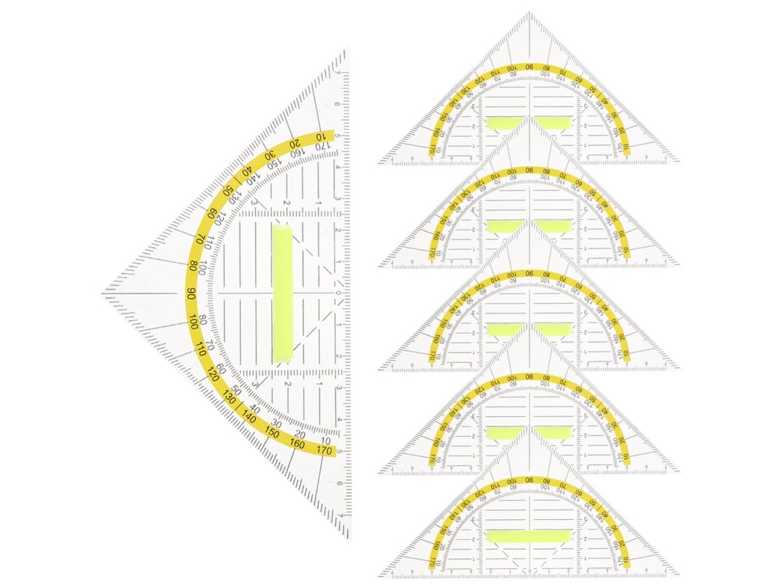 Conjunto de desenho profissional com 6 peças em plástico PP, numeradas e portáteis, ideal para ilustração técnica.