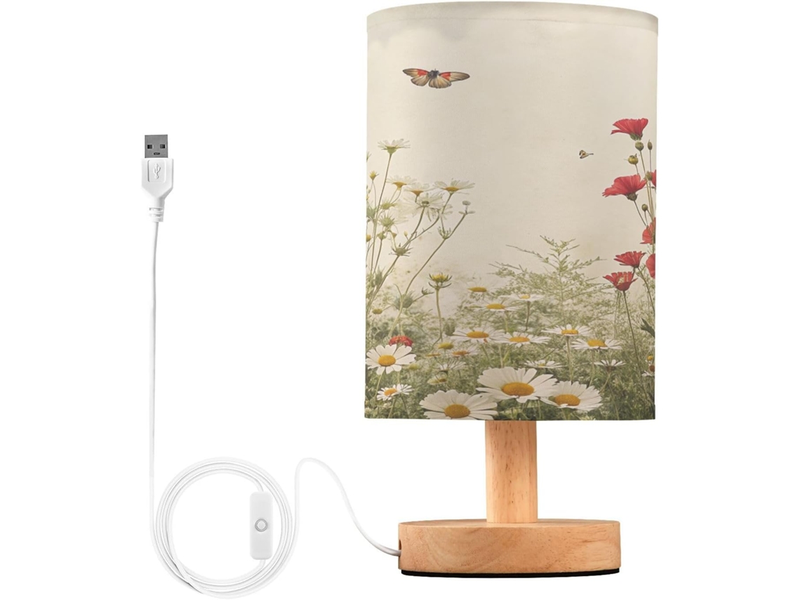 Luminária De Cabeceira Led Wildflowers Para Quarto, Luminária De Leitura Com Portas Usb E Cúpula Tecido Para Sala Estar