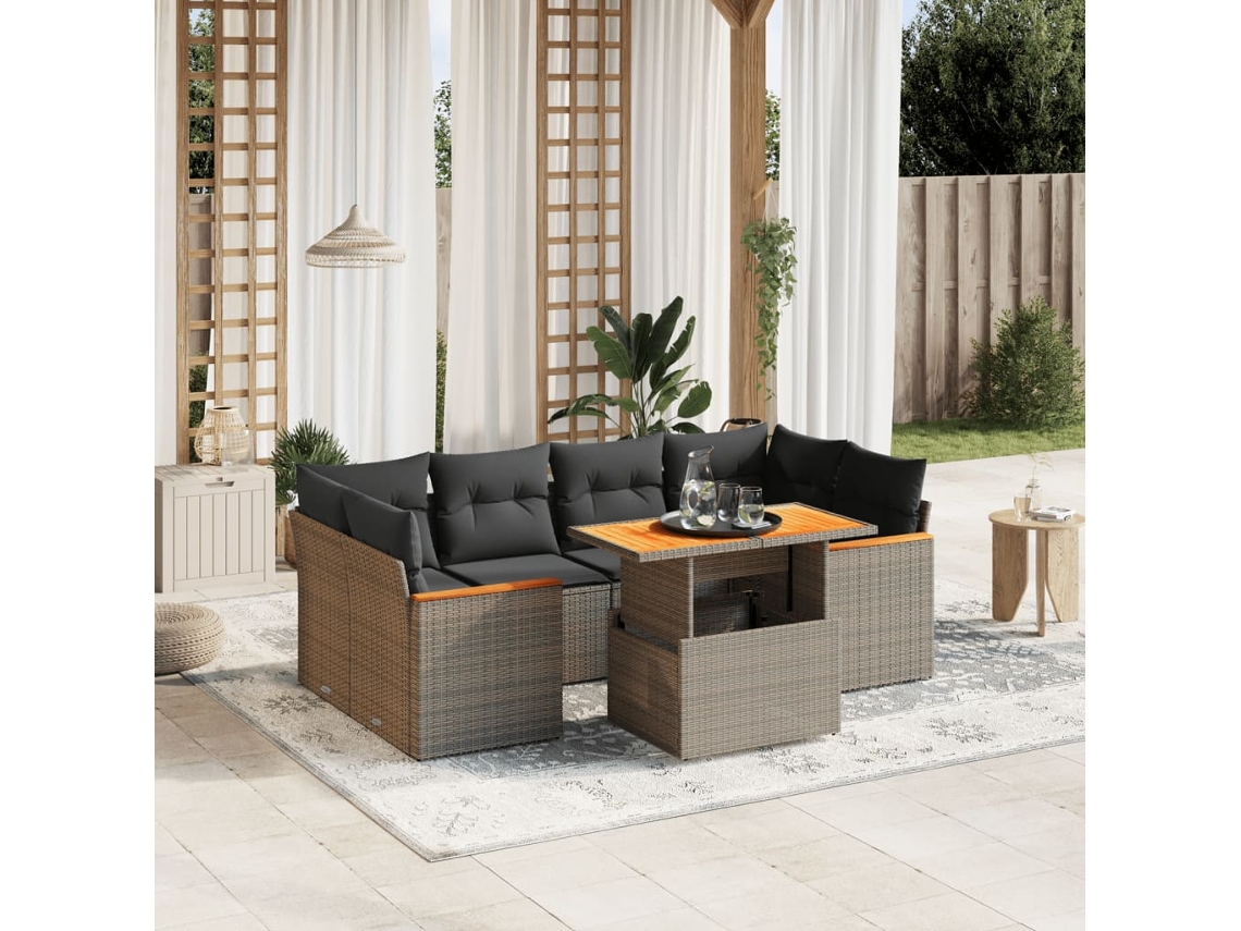 Vidaxl 7 Pcs Conjunto Sofás P/ Jardim C/ Almofadões Vime Pe Cinzento