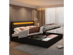 Cama Box 180x200 Cm Com Led, Estante E Armazenamento Preto Pu