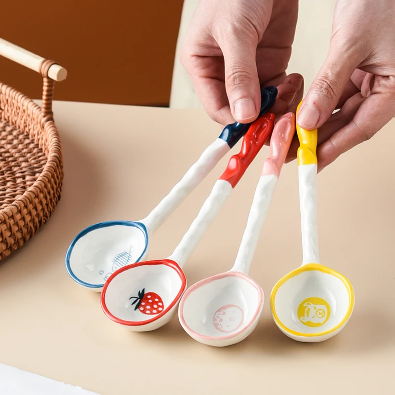 (4 Peças) 4 Colheres De Sorvete De Cerâmica, Colheres De Sobremesa Com Cabo Alongado, Colheres Com Design Criativo