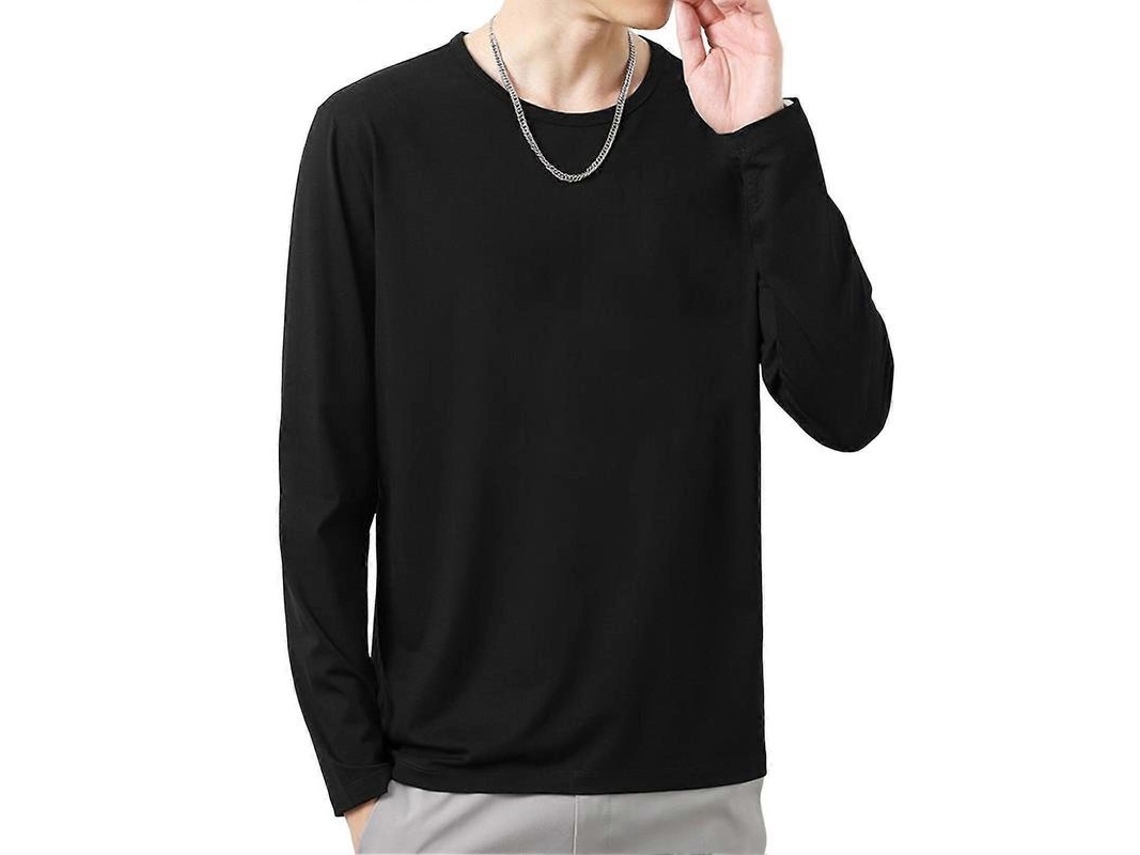 Camiseta Masculina Casual De Manga Longa, Estilo Fashion, Slim, Cor Solida, Poliéster - Ideal Para Outono E Inverno Preto