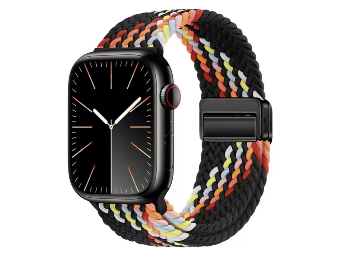Pulseira Magnética Trançada Em Nylon Para Apple Watch Series 10, Design Elástico Arco Íris, Preto Com Arco Íris, 44 45 46
