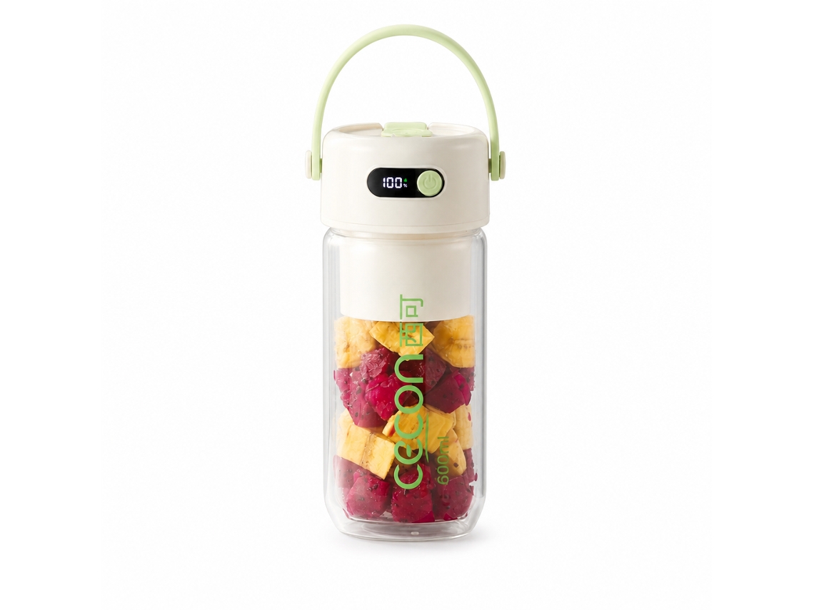 Liquidificadora Portátil Recarregável 600 Ml Verde, Copo De Vidro Borossilicato Duplo, 26 Lâminas Em Aço Inoxidável 316