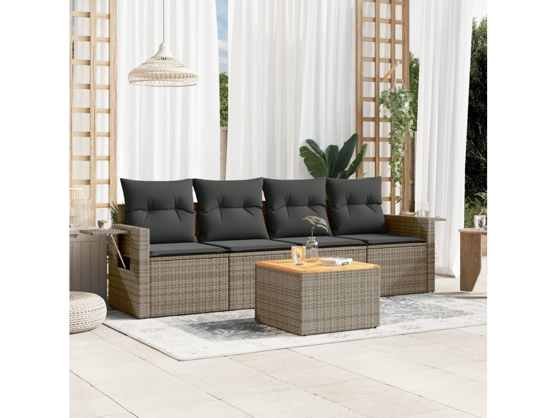 Vidaxl 5 Pcs Conjunto Sofás De Jardim C/ Almofadões Vime Pe Cinzento