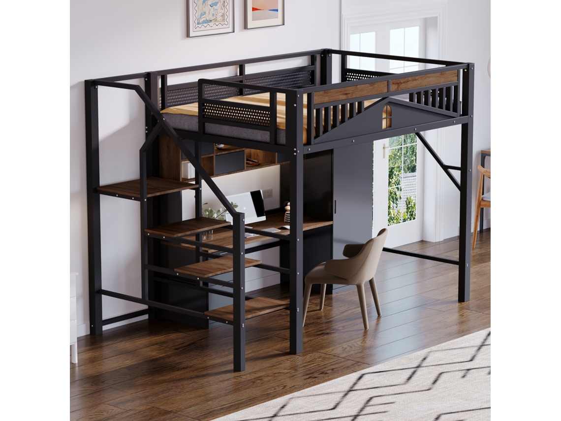 Cama alta metálica de 140x200 cm com design de casa, janelas, escada, armazenamento, preta VSOGA