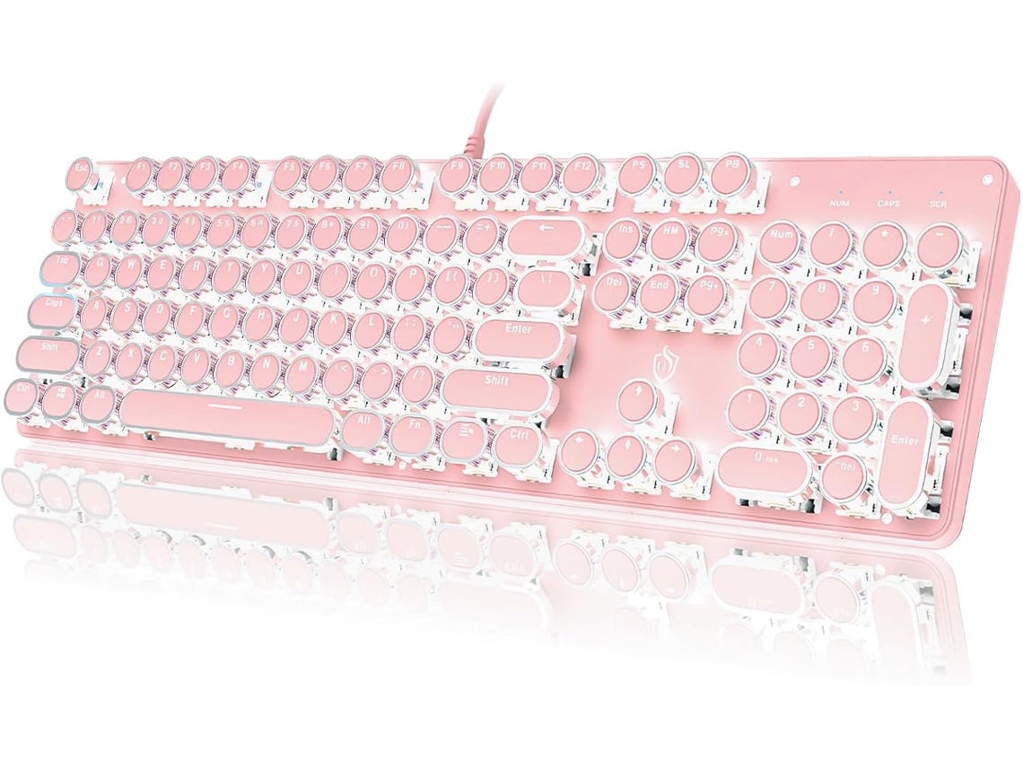 Teclado mecânico para jogos, com retroiluminação RGB, Fio, switch azul, teclas redondas retrô, 104 teclas. Rosa Hexinyigjly