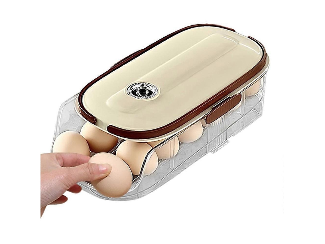 Recipiente de plástico empilhável para armazenamento de ovos, com um ou dois níveis e sistema de rolagem automática, ideal para geladeira.
