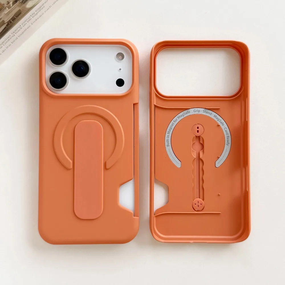(laranja, Iphone 16 Pro) Capa Minimalista Magnética Para Celular Com Compartimento Para Cartão, Suporte Para Anel E Recursos Antirroubo.
