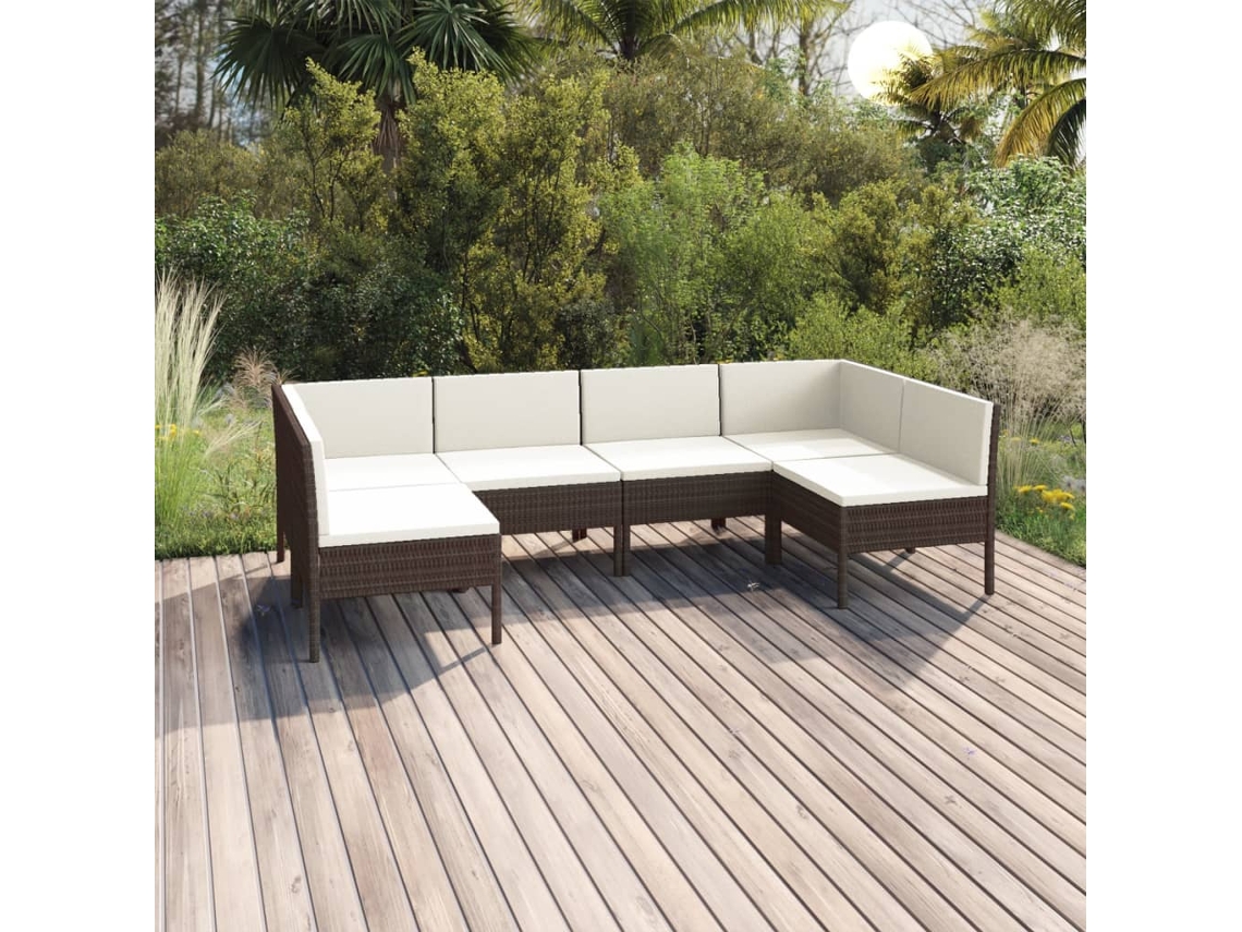 Conjunto 6 Peças Lounge Jardim C/ Almofadões Vime Pe Castanho Dkd Home Decor