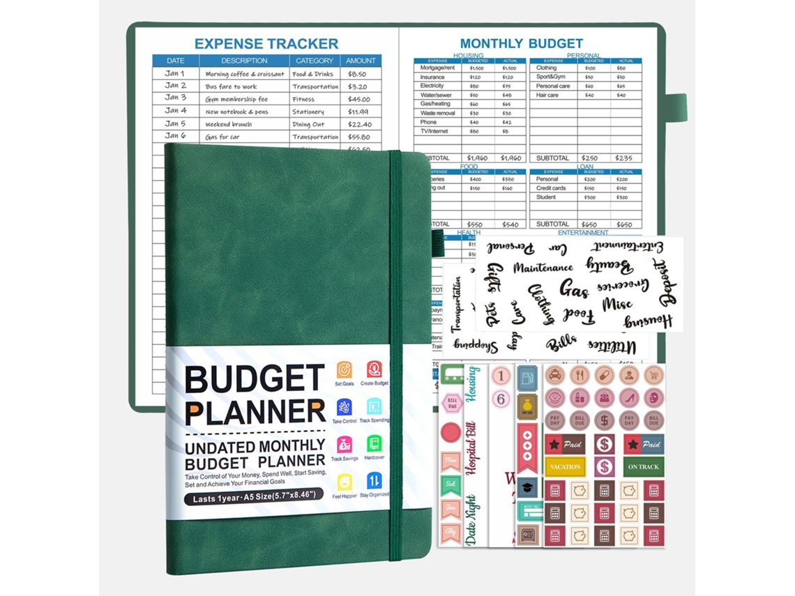 A5 Binder Budget Planner Notebook, Military Green, 50-sheets With Sticker Set 5-budget Stickers + 2-english Transparent