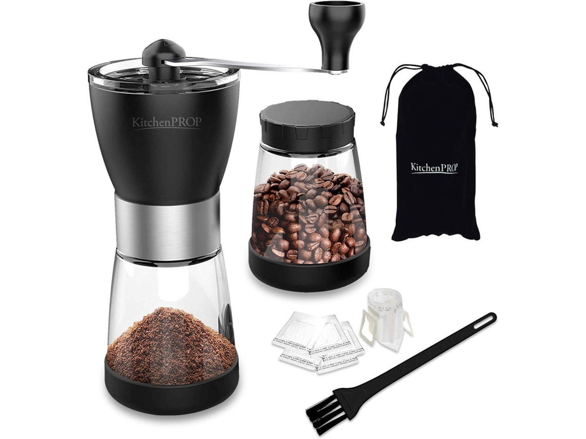 Moedor de café manual de 14 peças, cerâmica e vidro, para café expresso, prensa francesa e coado, ideal para uso doméstico e em viagens.