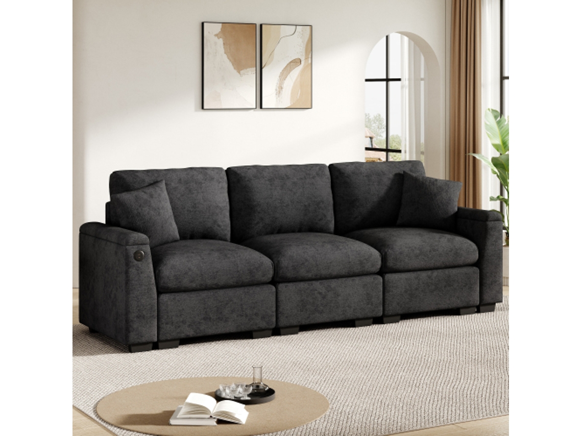 Sofá moderno de 3 lugares em chenille, com almofadas, mesa rebatível, entrada USB, porta-moedas e espaço para armazenamento, multifuncional para escritório, casa e home theater.