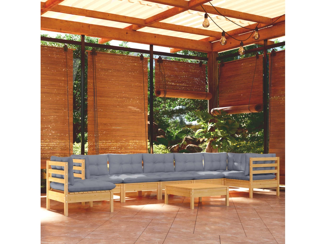 Vidaxl 9 Pcs Conjunto Lounge De Jardim + Almofadões Cinza Pinho Maciço