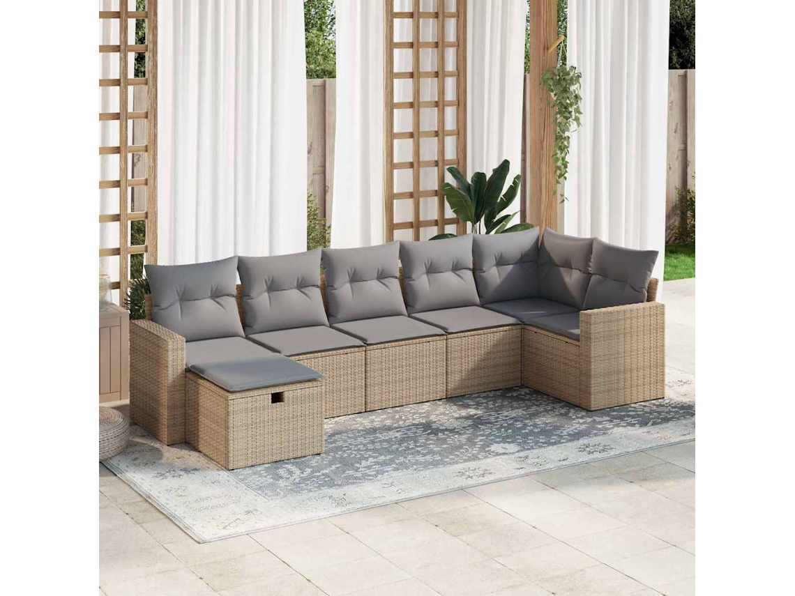 Vidaxl 7 Pcs Conjunto De Sofás P/ Jardim Com Almofadões Vime Pe Bege
