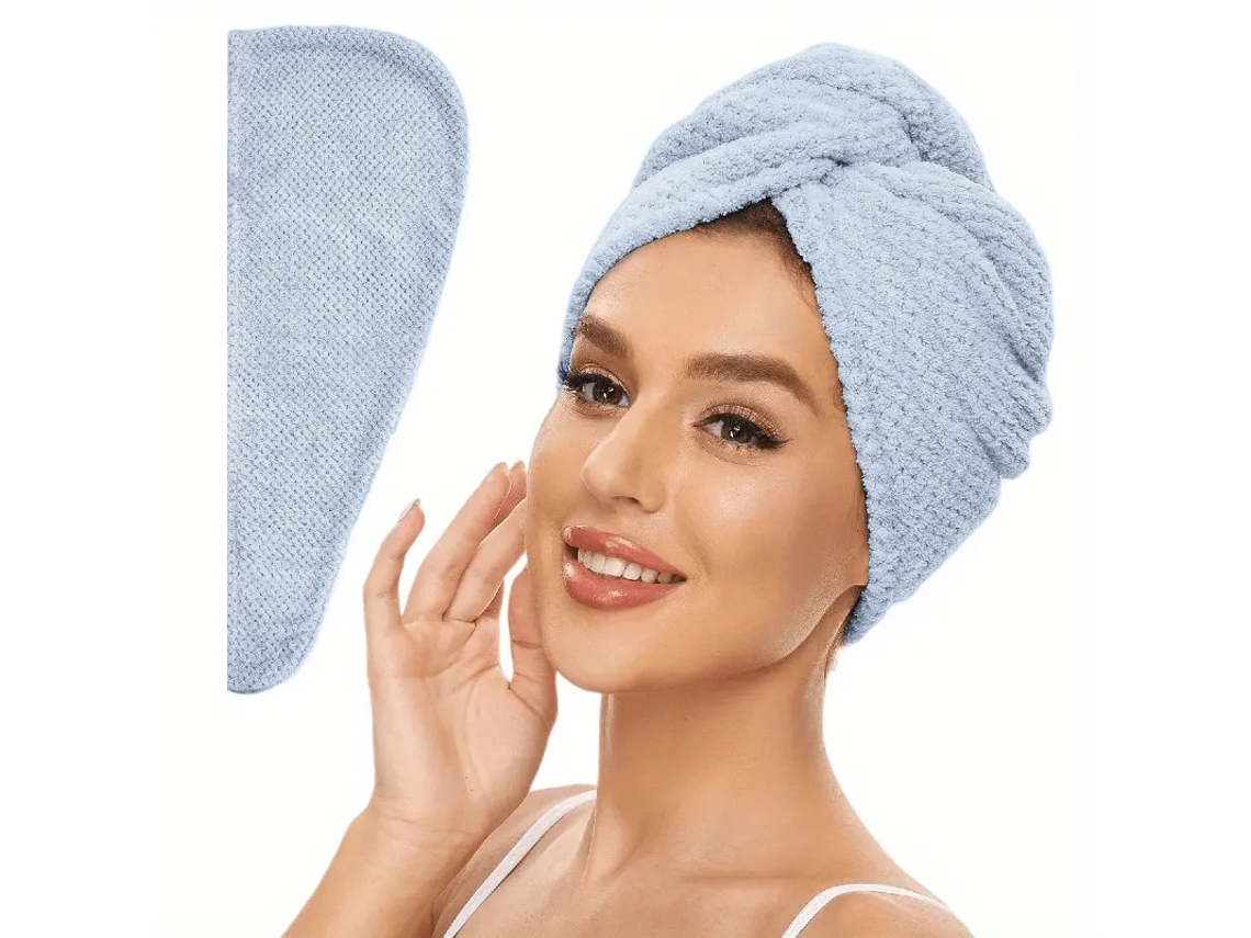Toalha Feminina Absorvente para Secar o Cabelo com Xale de Botão. MDUG (azul, 25 Cm X 65 Cm)