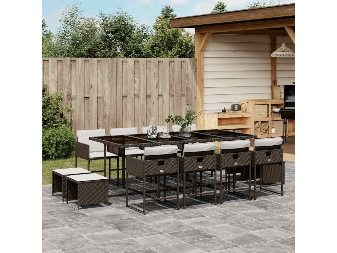 Vidaxl 13 Pcs Conjunto Jantar P/ Jardim C/ Almofadões Vime Pe Castanho