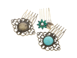 Conjunto De 3 Pentes De Cabelo Com Presilhas, Design Vintage E Cristais Turquesa. Nostalgia88