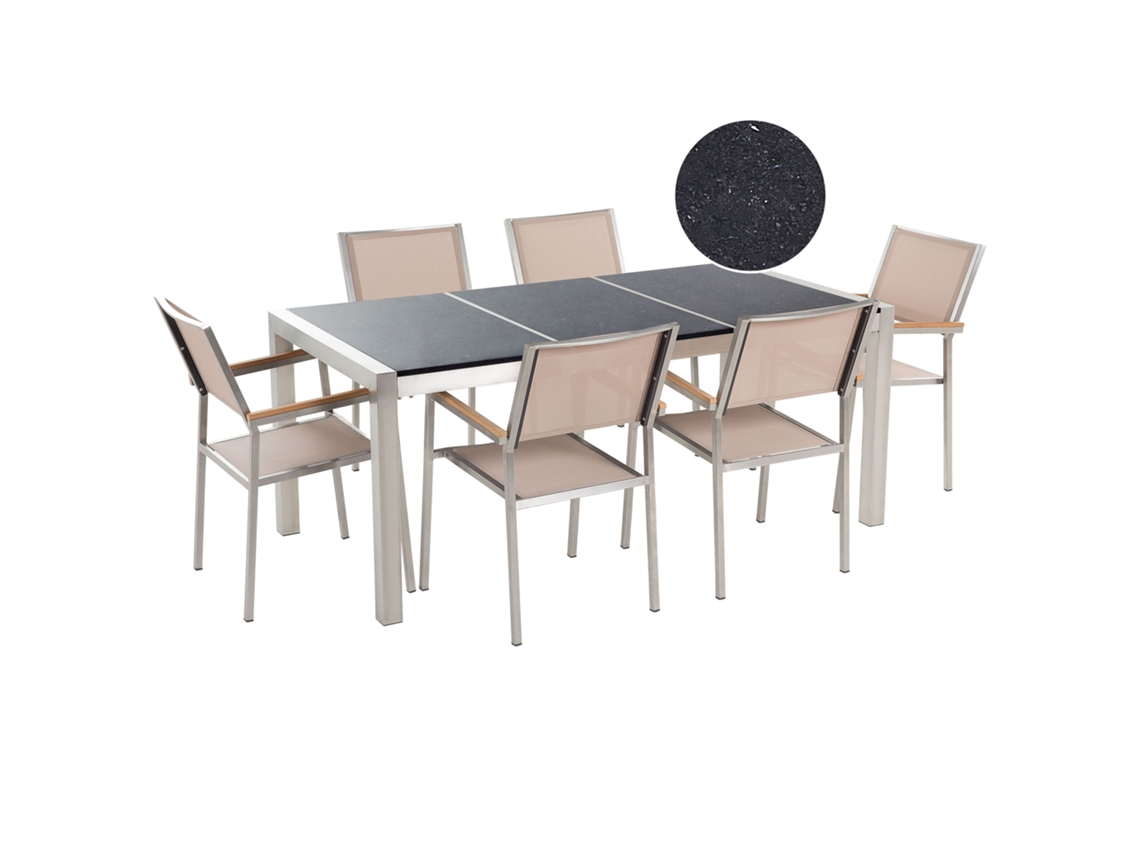 Conjunto De Refeição De Jardim Para 6 Pessoas Beliani Grosseto De Granito, Aço Inoxidável Preto/creme 180x90x70