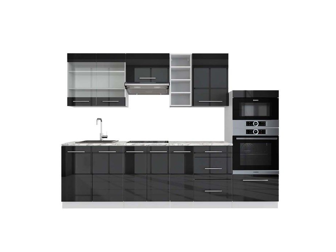 Cozinha Fame-Line, 280 cm, Mármore PT, Antracite brilhante/branco, VICCO