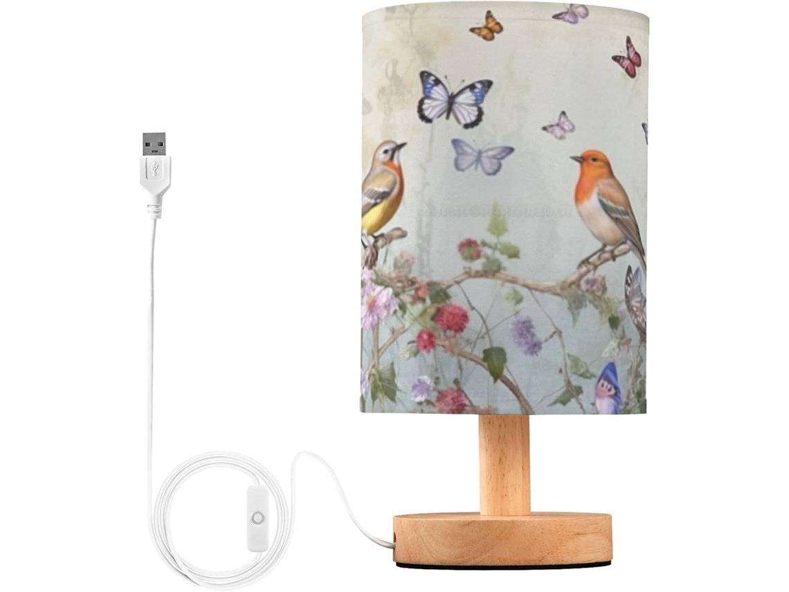 Luminária De Cabeceira Led Para Quarto, Luminária De Leitura Com Cúpula Tecido, Base De Madeira E Porta Usb Para