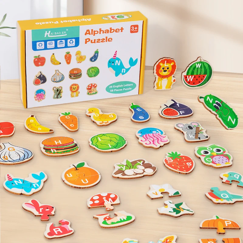 Quebra-cabeça Montessori 3d De Madeira Com Alfabeto, Animais E Frutas/legumes Para Educação Infantil.