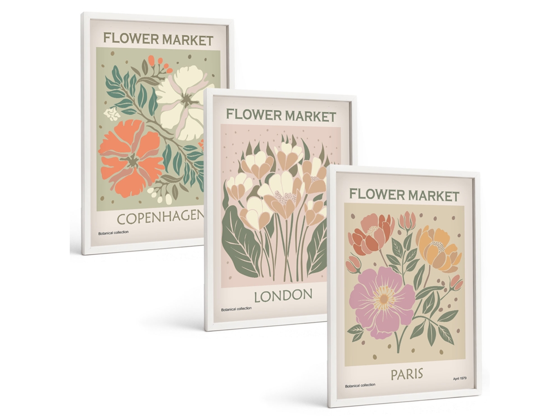 Conjunto De Pinturas Pôsteres Florais Copenhague Londres Paris Espelharte (3 Peças 40x60 Cm)