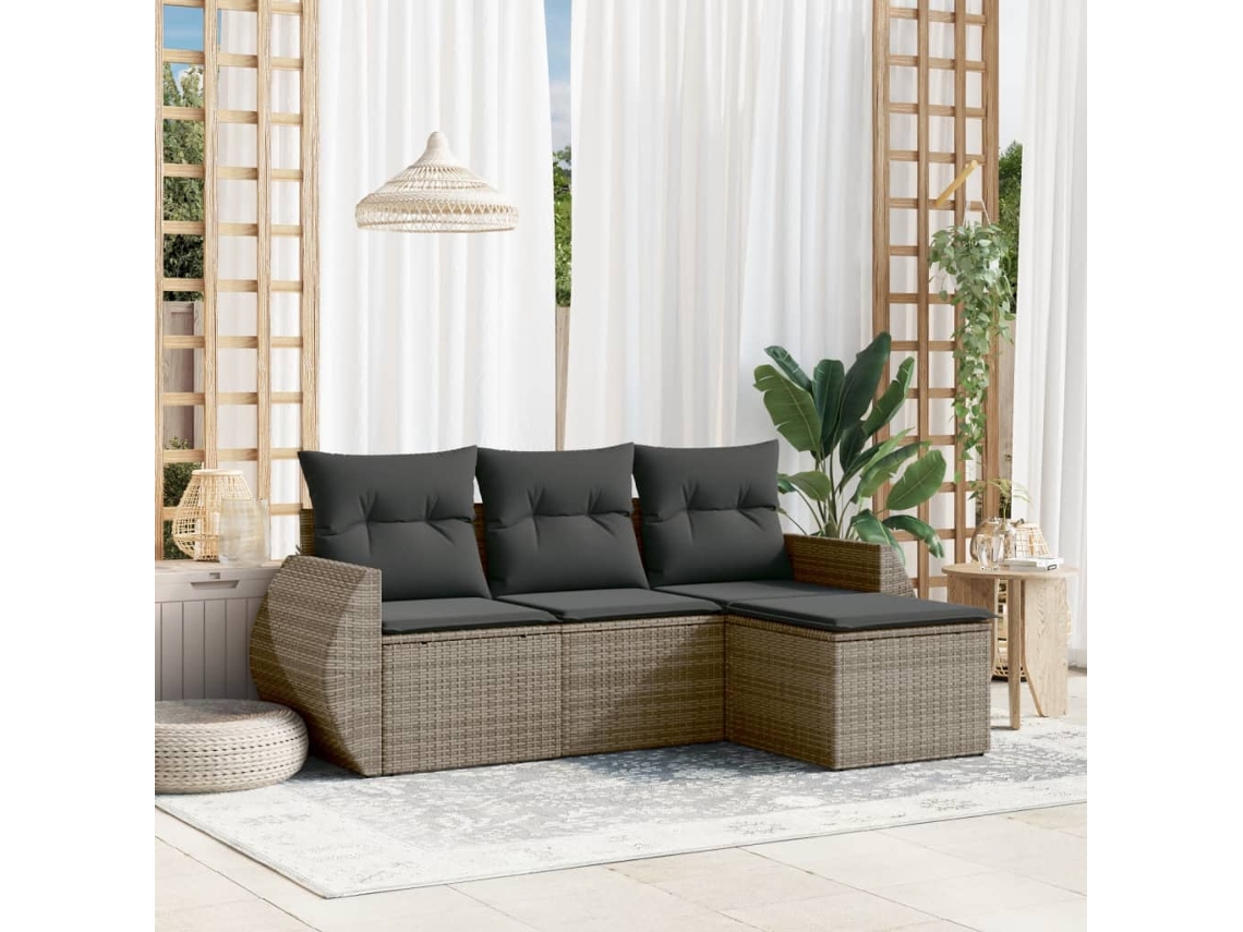 Vidaxl 4 Pcs Conjunto Sofás De Jardim C/ Almofadões Vime Pe Cinzento