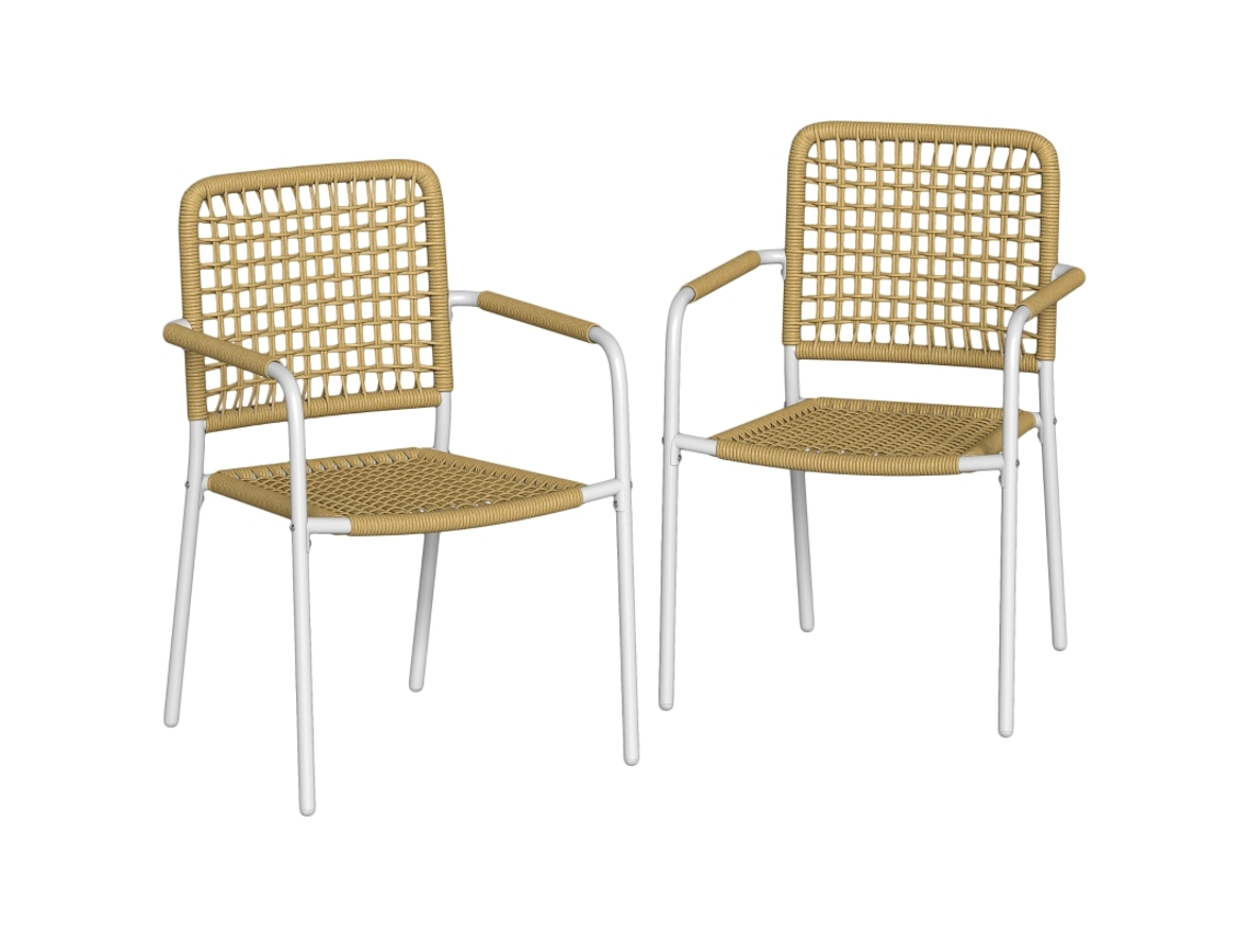 Conjunto De 2 Cadeiras De Jardim Empilháveis Em Vime Amarelo Com Apoio De Braços E Encosto,dimensões 55x57x82cm