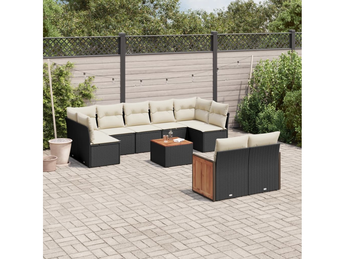 Jogo de Sofá Jardim 10 Peças C/ Almofadões Vime Pe Preto Dkd Home Decor
