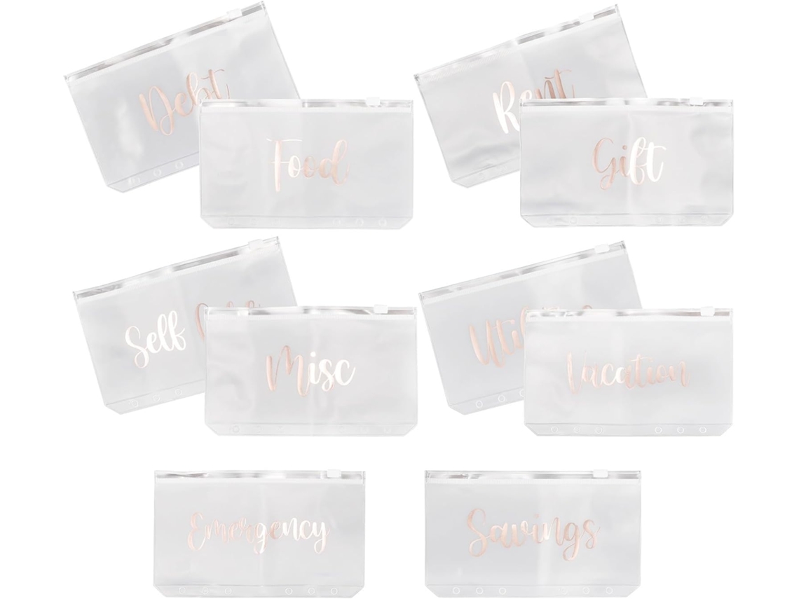 Conjunto de 10 pastas organizadoras Galpada A6 com 6 furos, sacos plásticos transparentes para documentos e dinheiro.