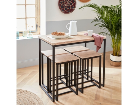 Conjunto de Mesa ALICE'S HOME Alta Retangular Loft com 4 Bancos em Aço