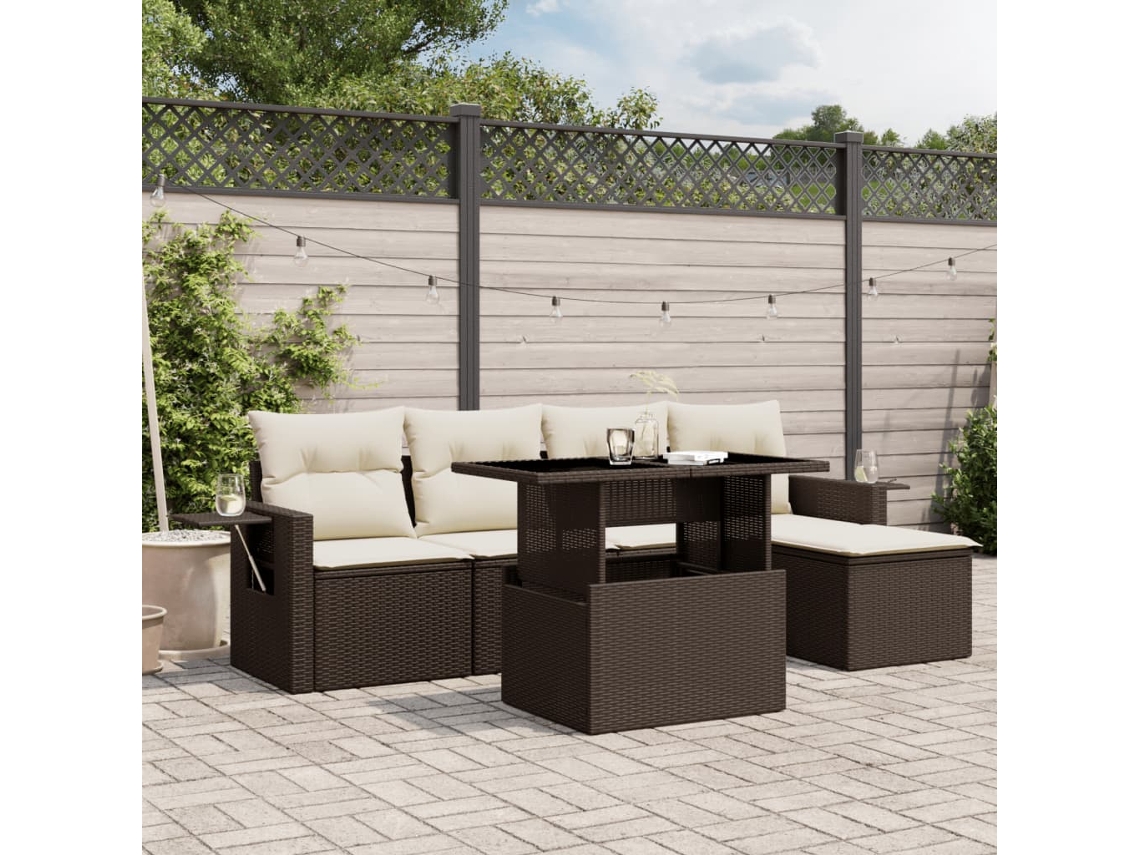 Jogo de Sofá 6 Peças Jardim C/ Almofadões Vime Pe Marrom Dkd Home Decor