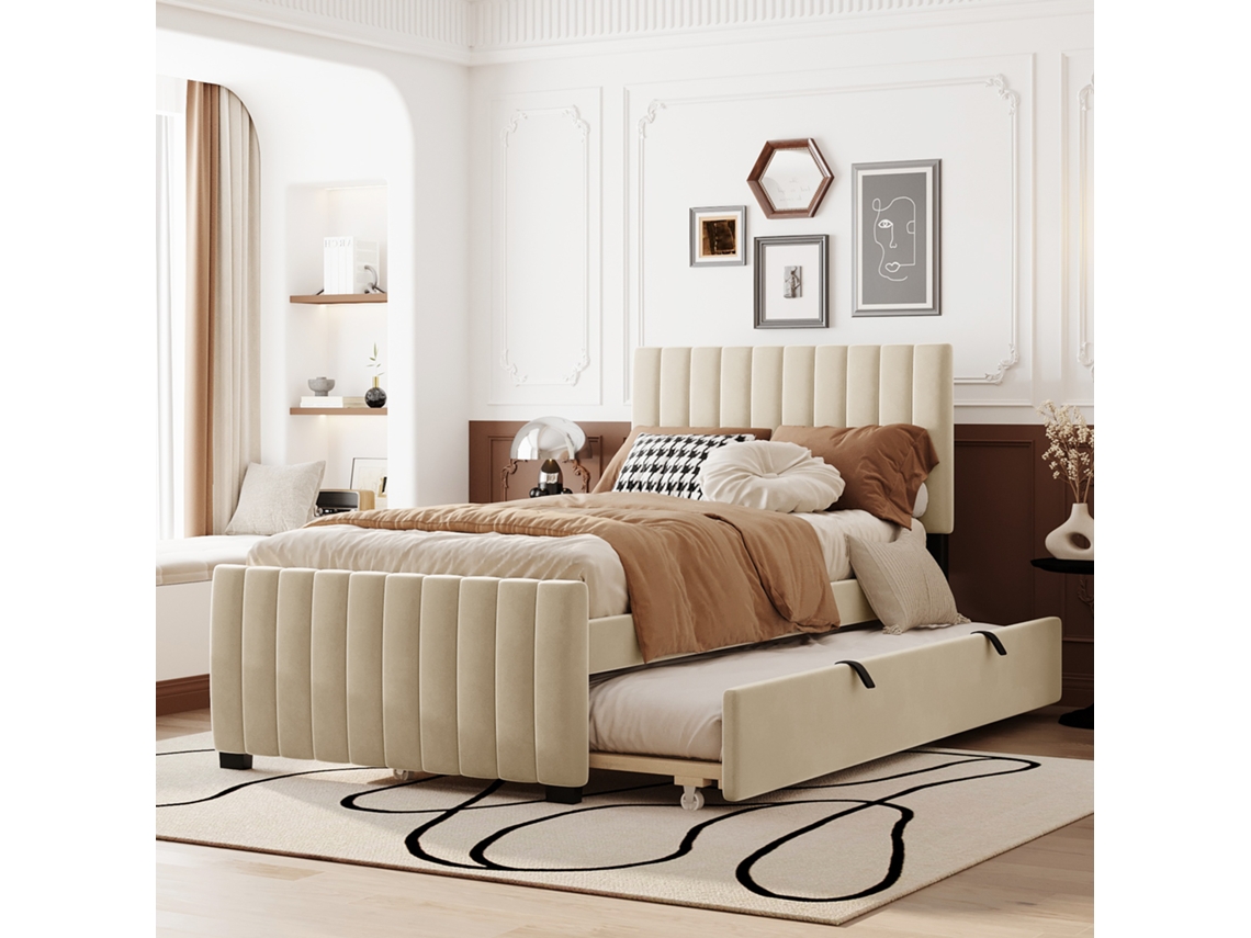 Cama Estofada 90x190 Bege Com Cama Auxiliar