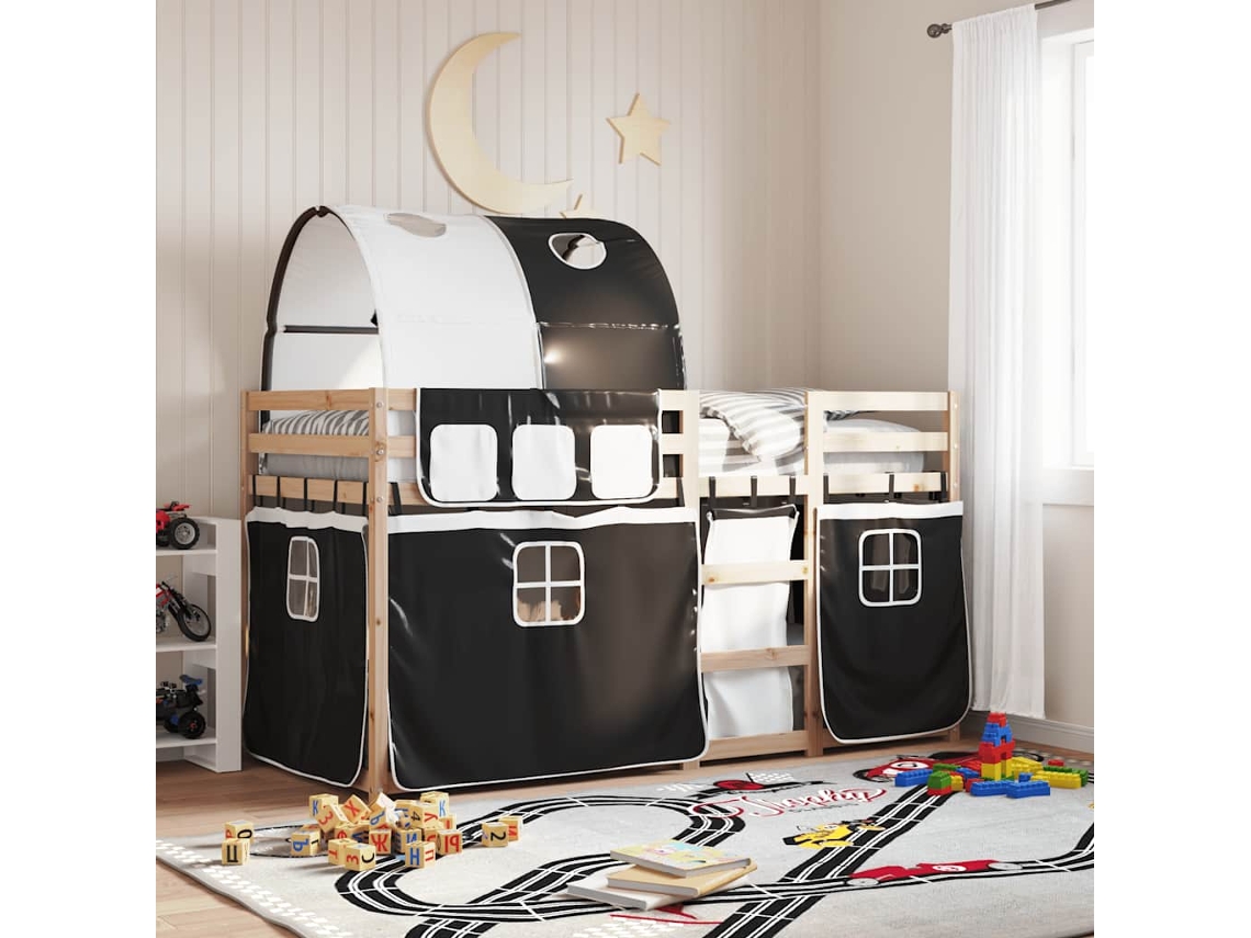 Vidaxl Beliche Com Cortinas 90x200 Cm Pinho Maciço Branco E Preto